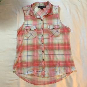 Pink and green plaid sleeveless button up shirt